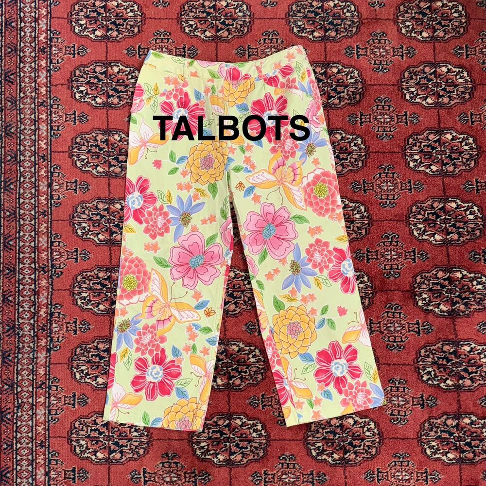 Talbots 8P‎ Bright Floral Pattern on Pale Green Stretch Cotton Duck Pants